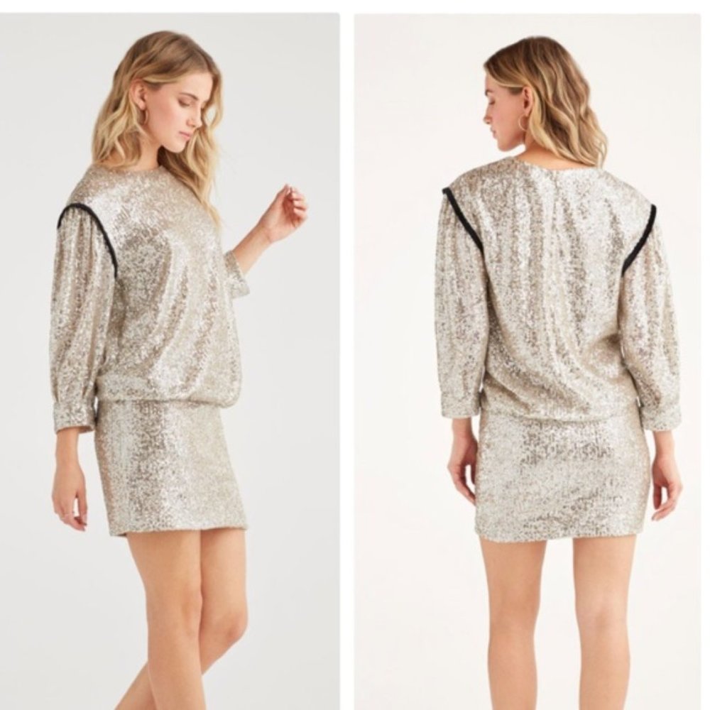 New 7 For All Mankind sequin velvet trim dropwaist blouson long sleeve minidress
